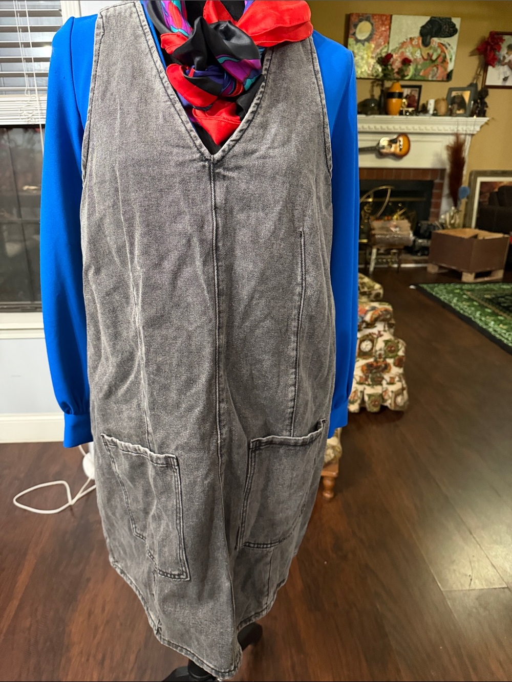 Source Unknown Gray Washed V-Neck Tunic Dress with Patch Pockets